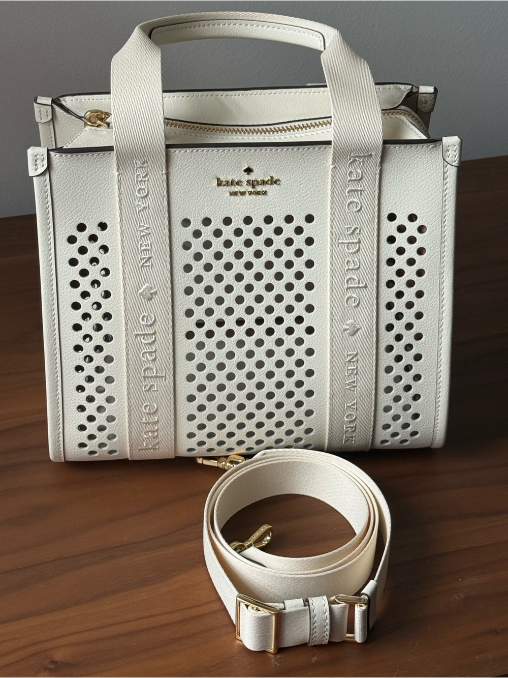 kate spade Cream Perforated Canvas-Trim Tote with Gold Hardware